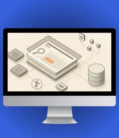 Benefits of web development illustrated with isometric UI, code, and connected back-end elements.