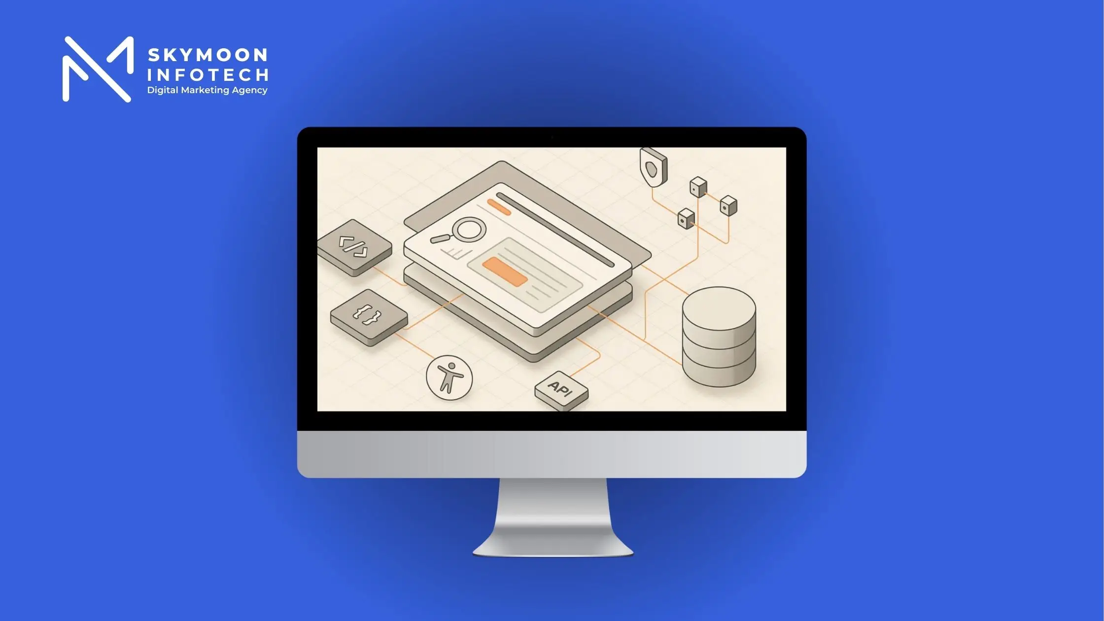 Benefits of web development illustrated with isometric UI, code, and connected back-end elements.