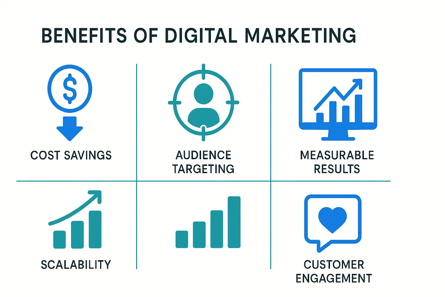 Infographic-style illustration highlighting key benefits of digital marketing: cost savings, targeted reach, measurable results, scalability, and engagement.