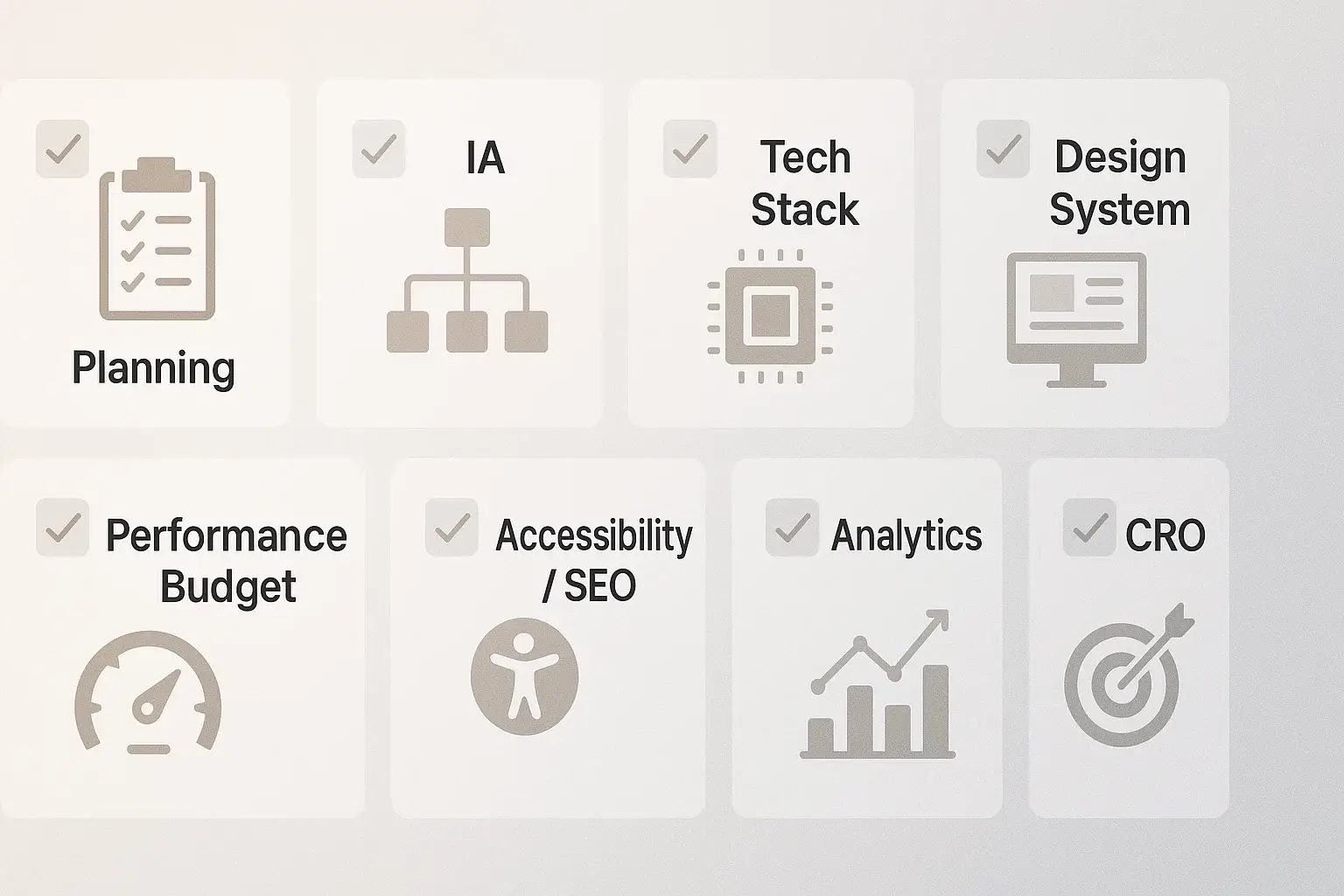 Nine-step web development implementation checklist with simple icons.
