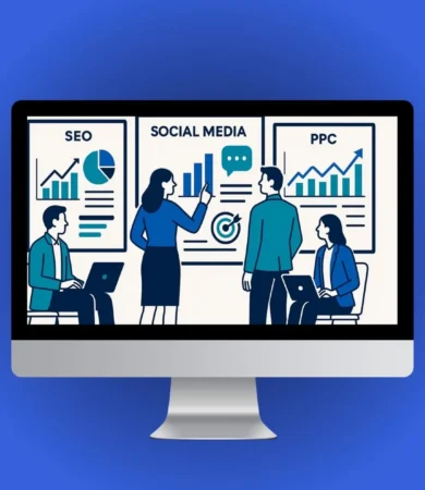 What is Digital marketing, illustration showing SEO, social media, and PPC dashboards with business professionals analyzing data.