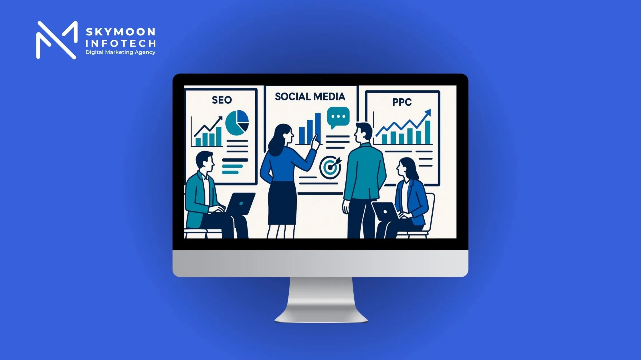 What is Digital marketing, illustration showing SEO, social media, and PPC dashboards with business professionals analyzing data.