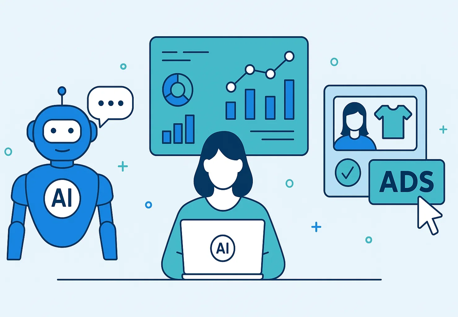 Illustration showing AI applications in digital marketing including chatbots, predictive analytics, personalization, and programmatic ads.