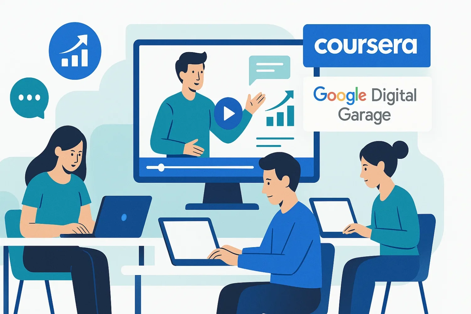 Illustration of learners using laptops and online courses to study digital marketing, with icons for Google Digital Garage and Coursera.