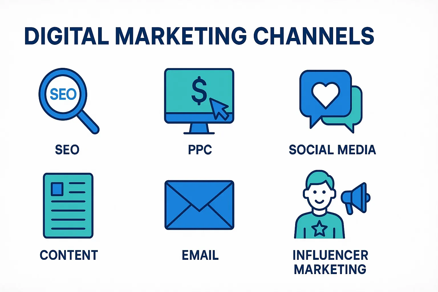 Infographic illustration showing six main types of digital marketing channels: SEO, PPC, Social Media, Content, Email, and Influencer Marketing.