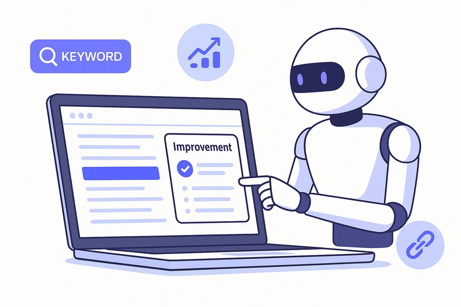 AI automation in SEO — a robot assistant analyzing web pages, highlighting improvements on a laptop screen.