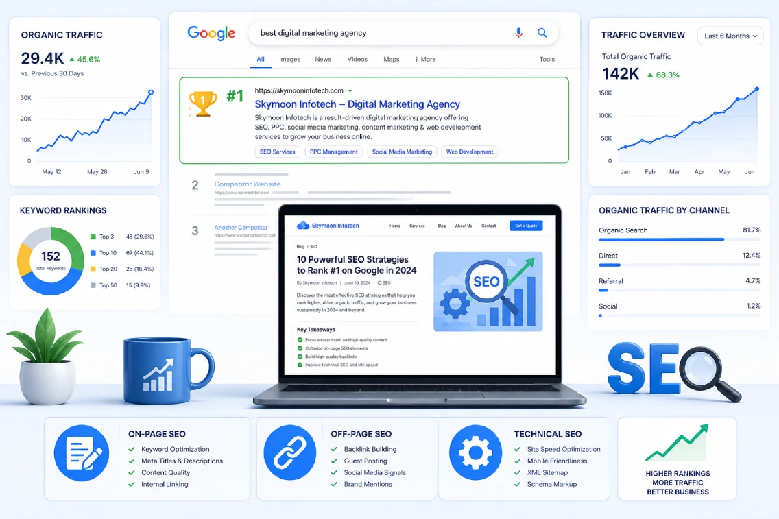 What is SEO explained visually search engine results page showing an optimised website ranking first organically in 2026