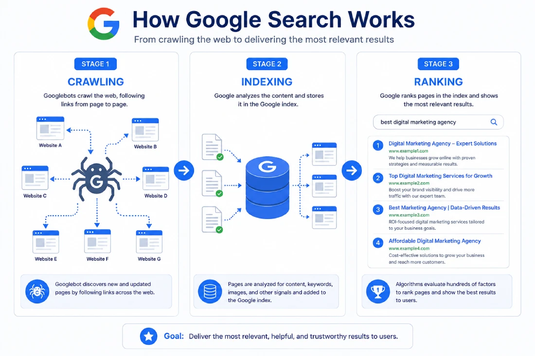 How does SEO work โ diagram showing the three-stage Google search process of crawling, indexing, and ranking