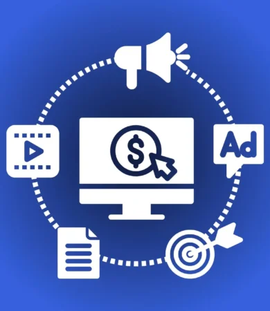 Illustration representing how Google Ads work with visuals of search results, ad clicks, bidding models, and conversion tracking.