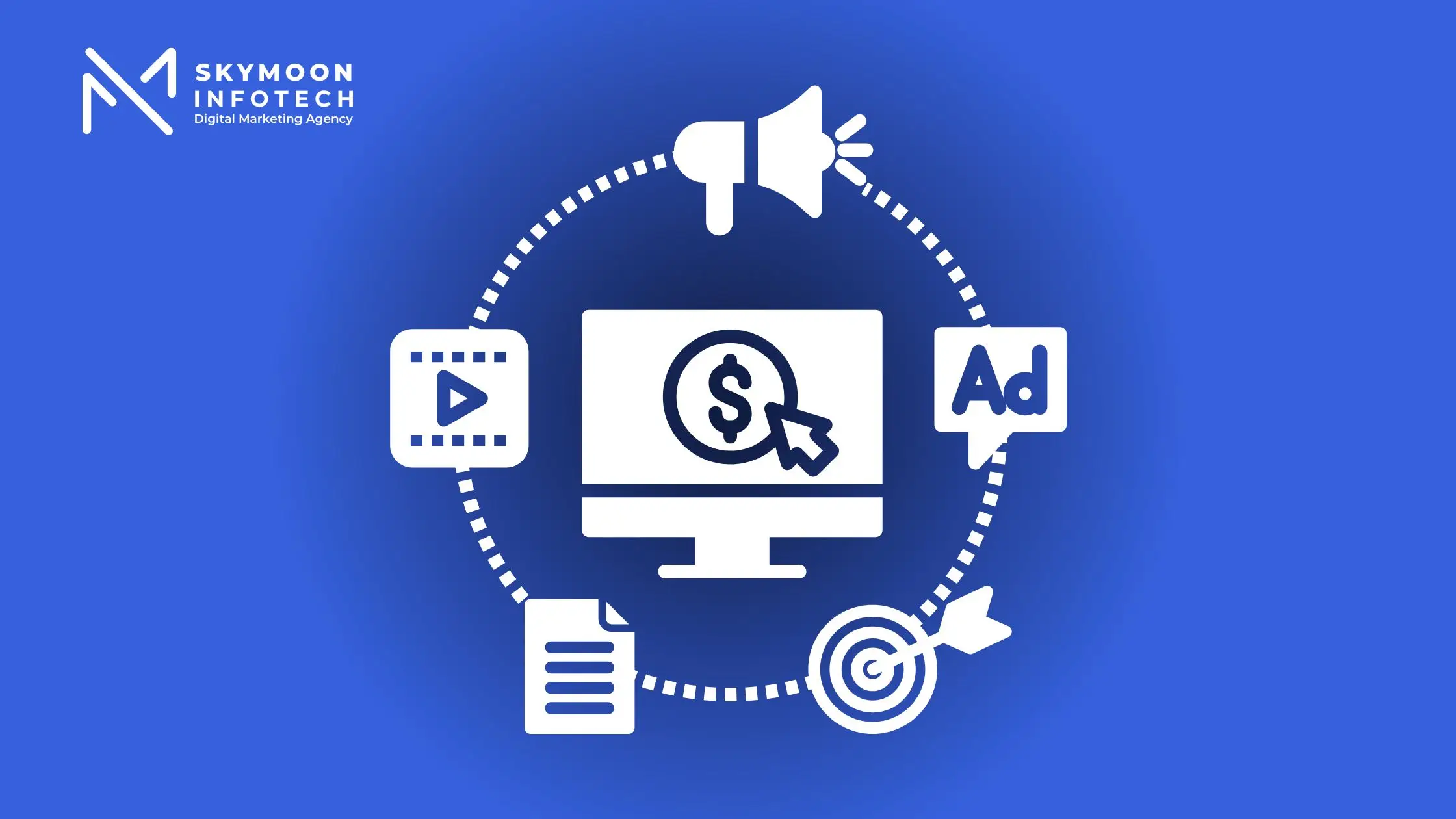 Illustration representing how Google Ads work with visuals of search results, ad clicks, bidding models, and conversion tracking.