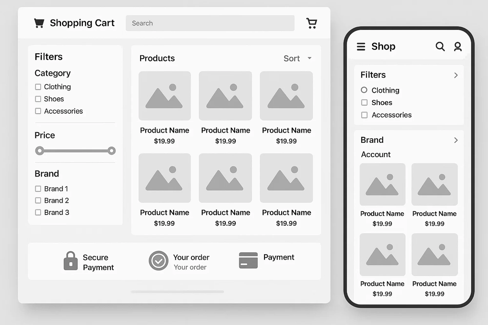 E-commerce website product grid with image thumbnails, filtering options, star ratings, and clear “Add to Cart” buttons