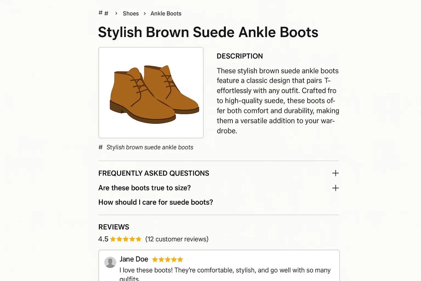 Optimized product page example with SEO-rich title, alt text image, customer reviews, FAQs, and schema elements for better eCommerce SEO