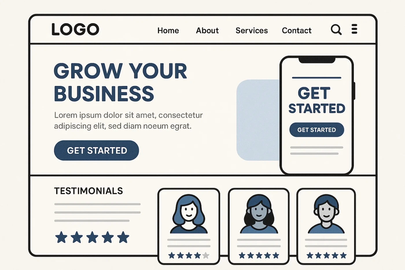 Mobile-friendly website design showcasing contact form, sticky navigation bar, and trust signals like SSL badge and testimonials.