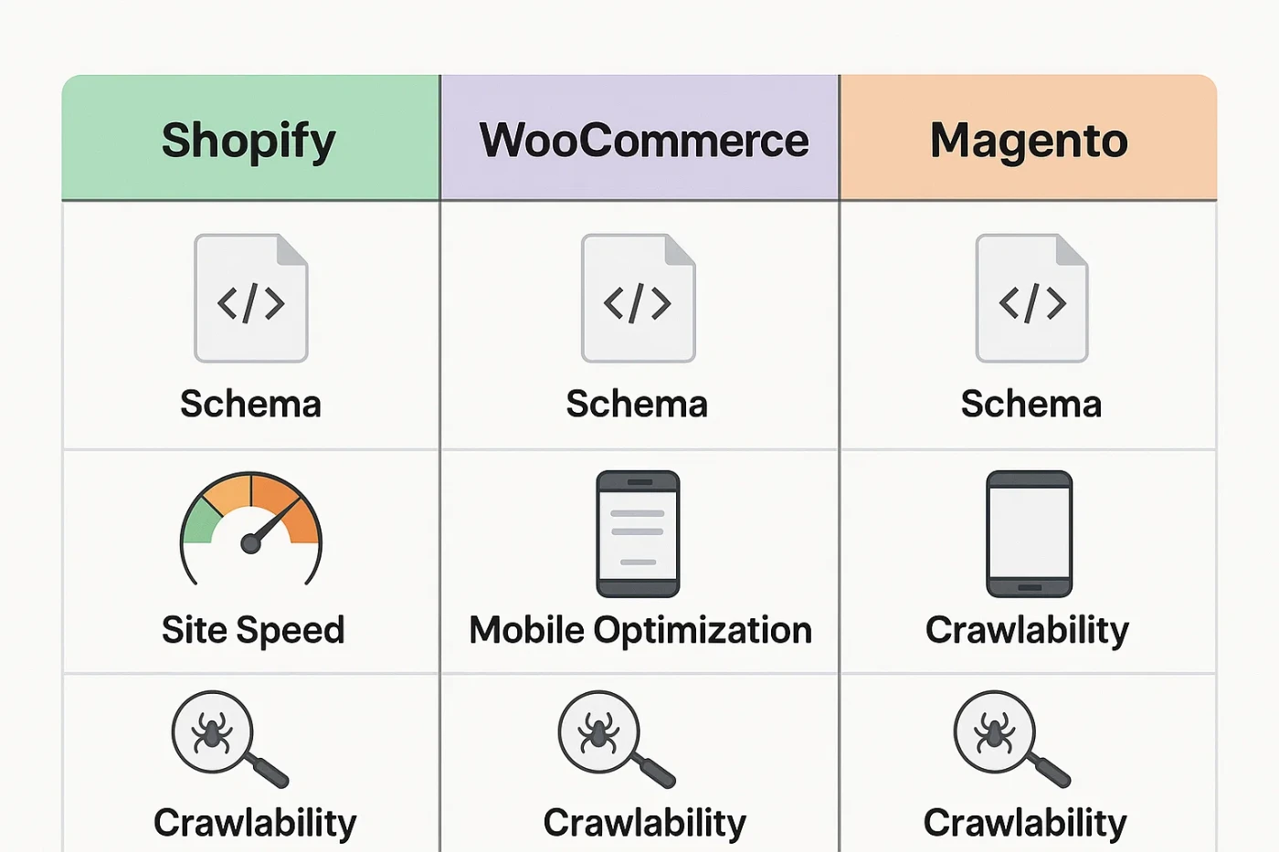 Comparison graphic of Shopify vs WooCommerce vs Magento – evaluating schema support, site speed, and mobile optimization for eCommerce SEO success
