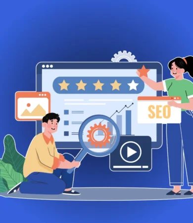 eCommerce SEO strategy visual – dashboard analytics showing rising organic traffic, product optimization, and SEO checklist for online store growth
