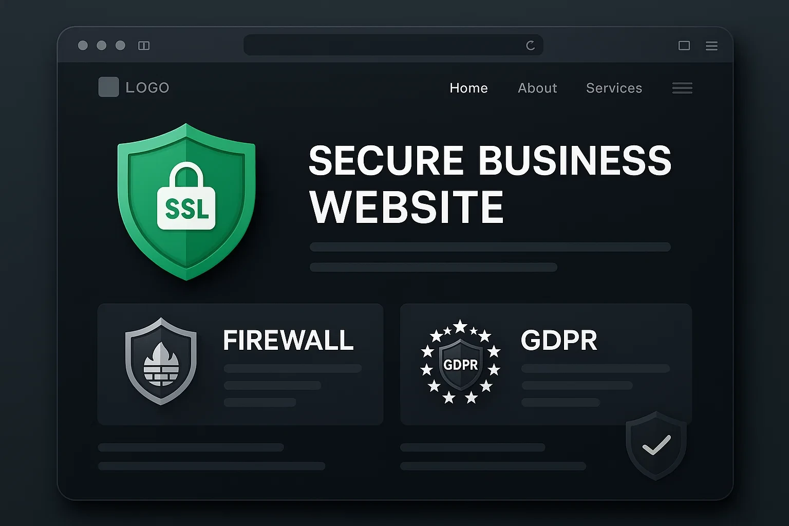 Secure business website design with HTTPS lock, firewall protection icon, cookie consent banner, and GDPR-compliant user form