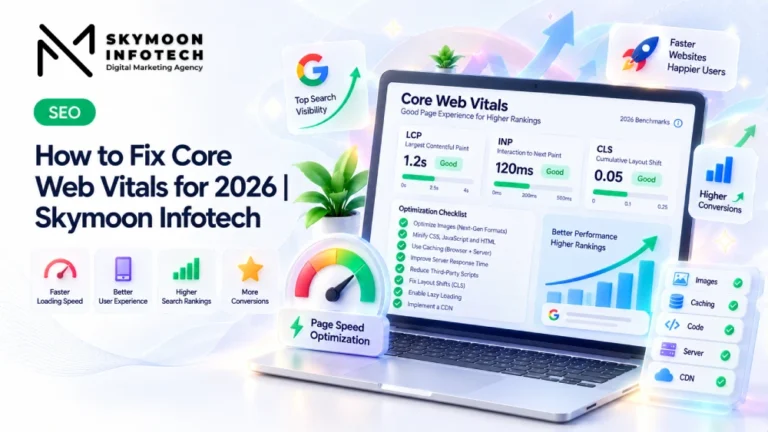 Core Web Vitals 2026 metrics (LCP, CLS, INP) highlighted.