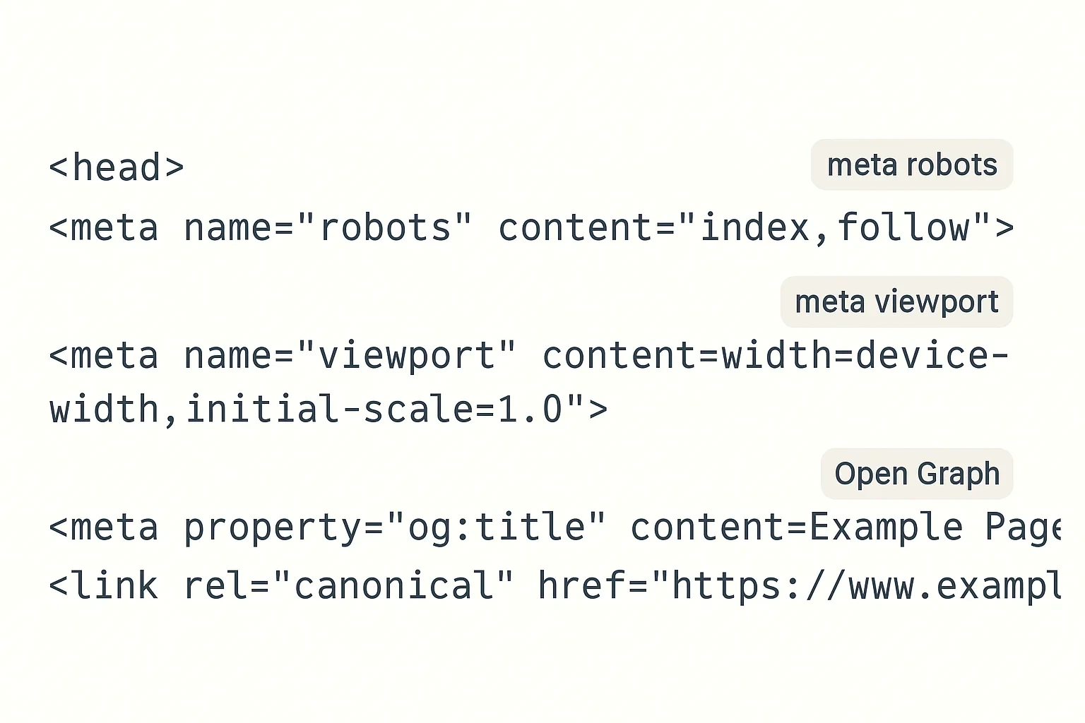 Clean coding interface showing various meta tags including viewport, Open Graph, canonical, and charset – alt: types of meta tags for SEO