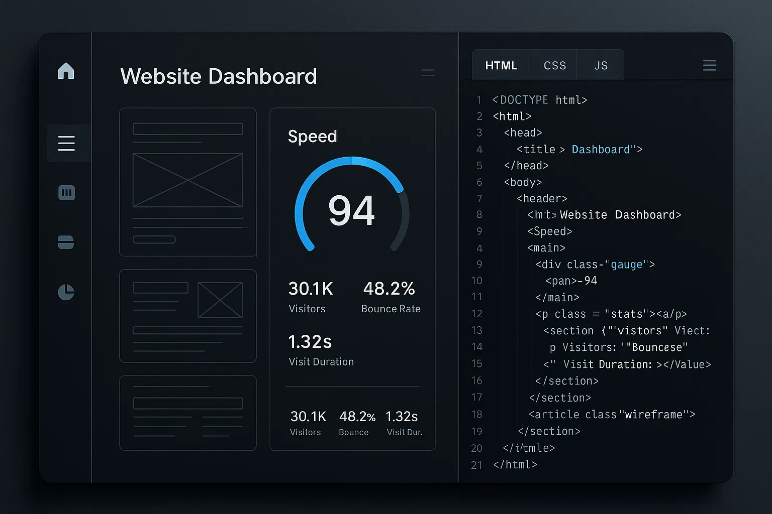 Custom-coded business website showing code editor, speed optimization, and UX wireframes for scalable web performance