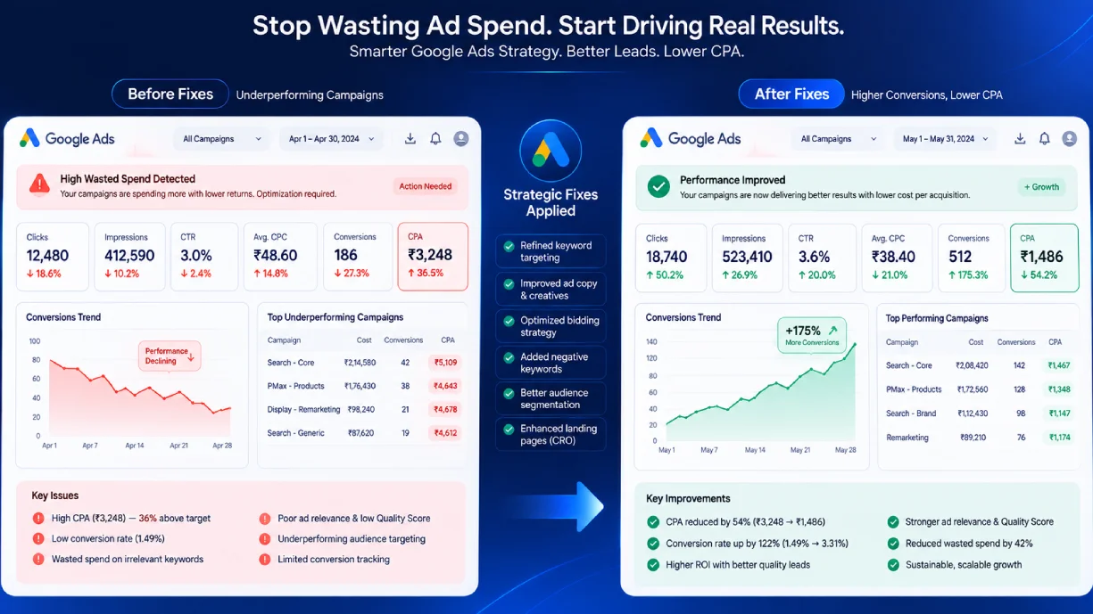 PPC mistakes visualization showing a Google Ads account before and after fixing common errors, with conversion rates and wasted spend metrics displayed