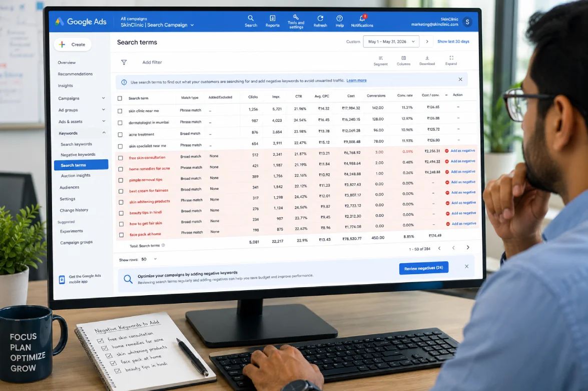 PPC practitioner reviewing the Google Ads search terms report to identify negative keyword gaps and common ppc mistakes in keyword targeting.
