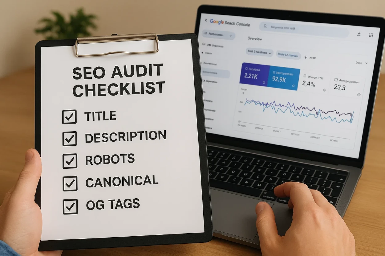 SEO checklist with tick marks beside meta tag items like title, description, and canonical tag – alt: meta tags best practices and SEO checklist 2025