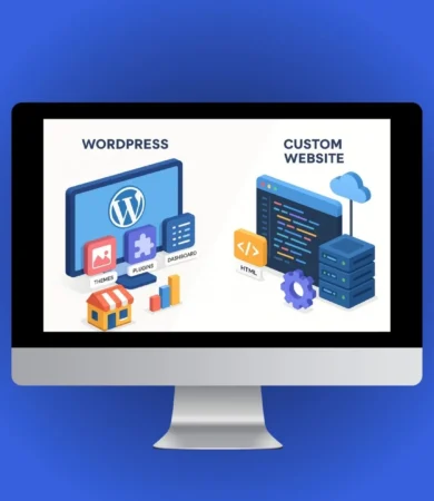 Visual comparison of WordPress vs custom website showing plugin-based CMS interface and custom HTML/CSS coding environment side by side