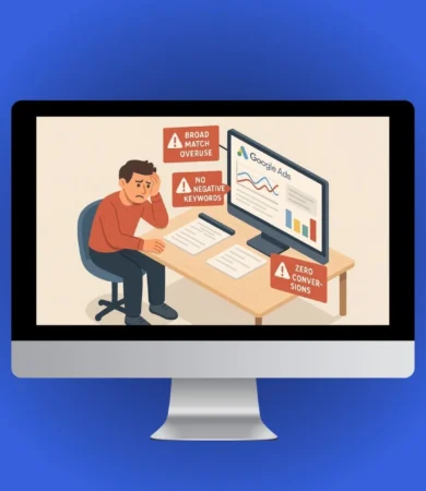 Illustration of common PPC mistakes like broad match and missing negative keywords shown on a Google Ads screen.
