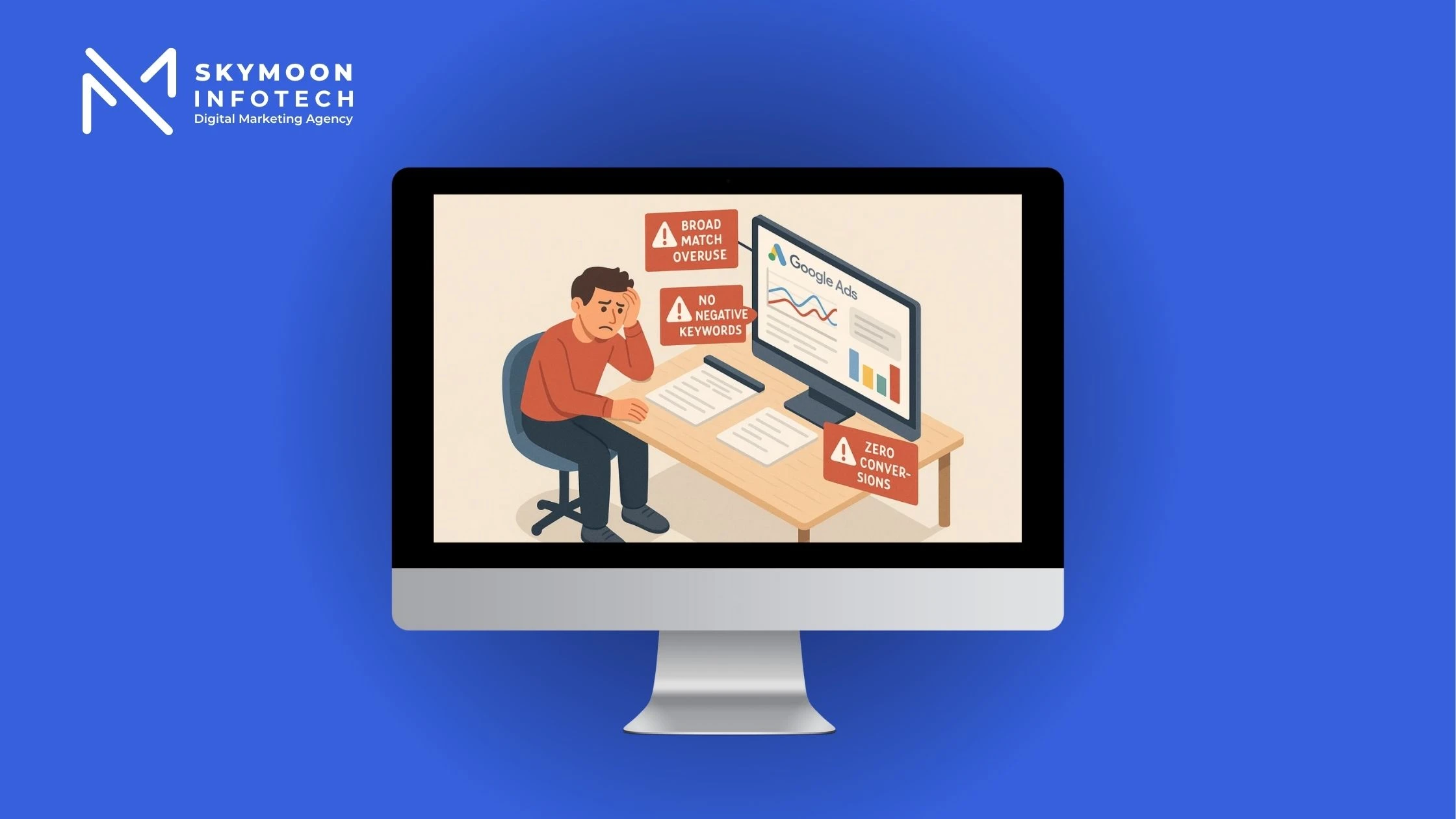 Illustration of common PPC mistakes like broad match and missing negative keywords shown on a Google Ads screen.