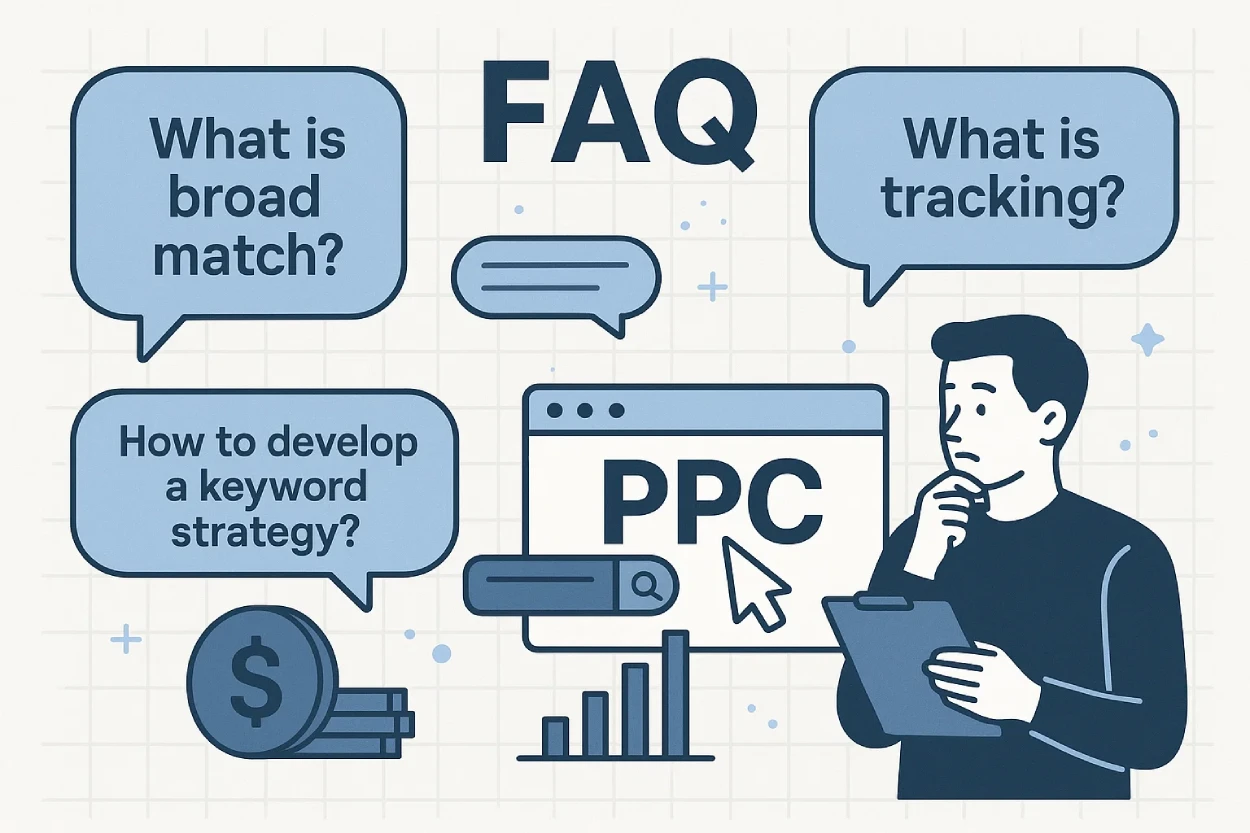 Illustration showing PPC-related FAQs being answered with analytics dashboards and campaign checklists.