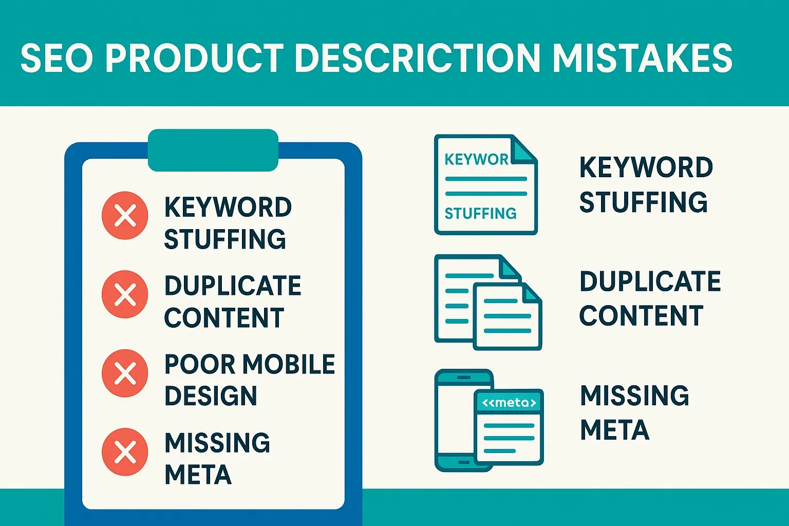 Illustrated checklist of common SEO product description mistakes with icons for each issue.