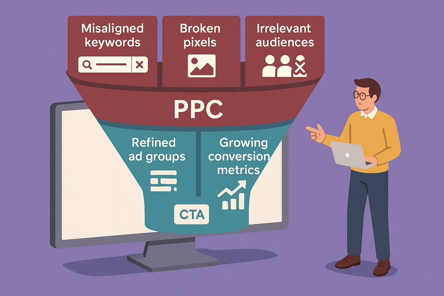 PPC funnel illustration showing how campaign optimizations transform poor-performing ads into high-ROI results.