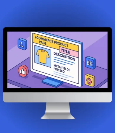 SEO Product Descriptions, eCommerce product page mockup highlighting title, description, and meta fields with blue and teal accents.