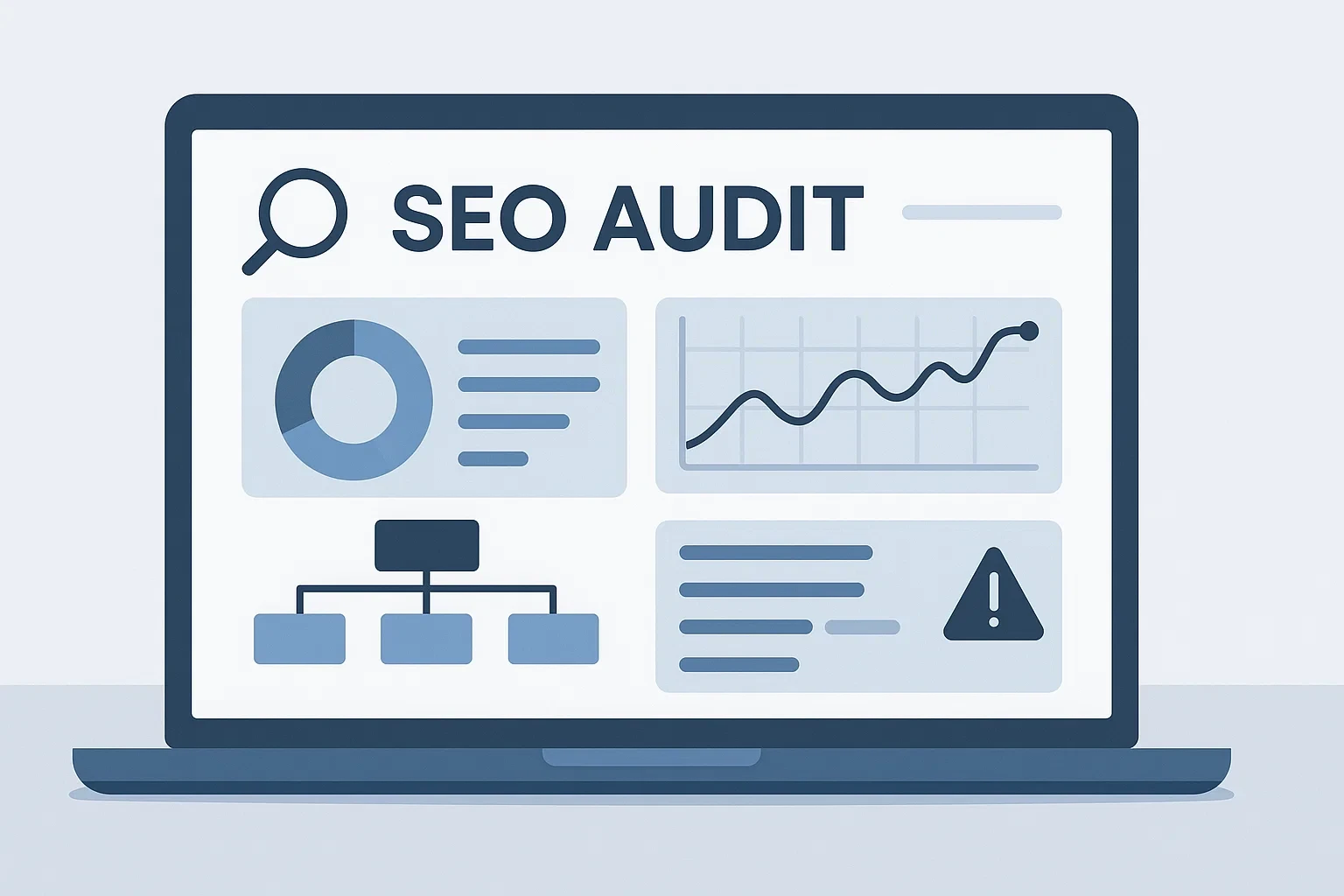 Vector illustration of an SEO audit dashboard on a laptop screen showing crawl maps, charts, and error reports for website structure analysis.