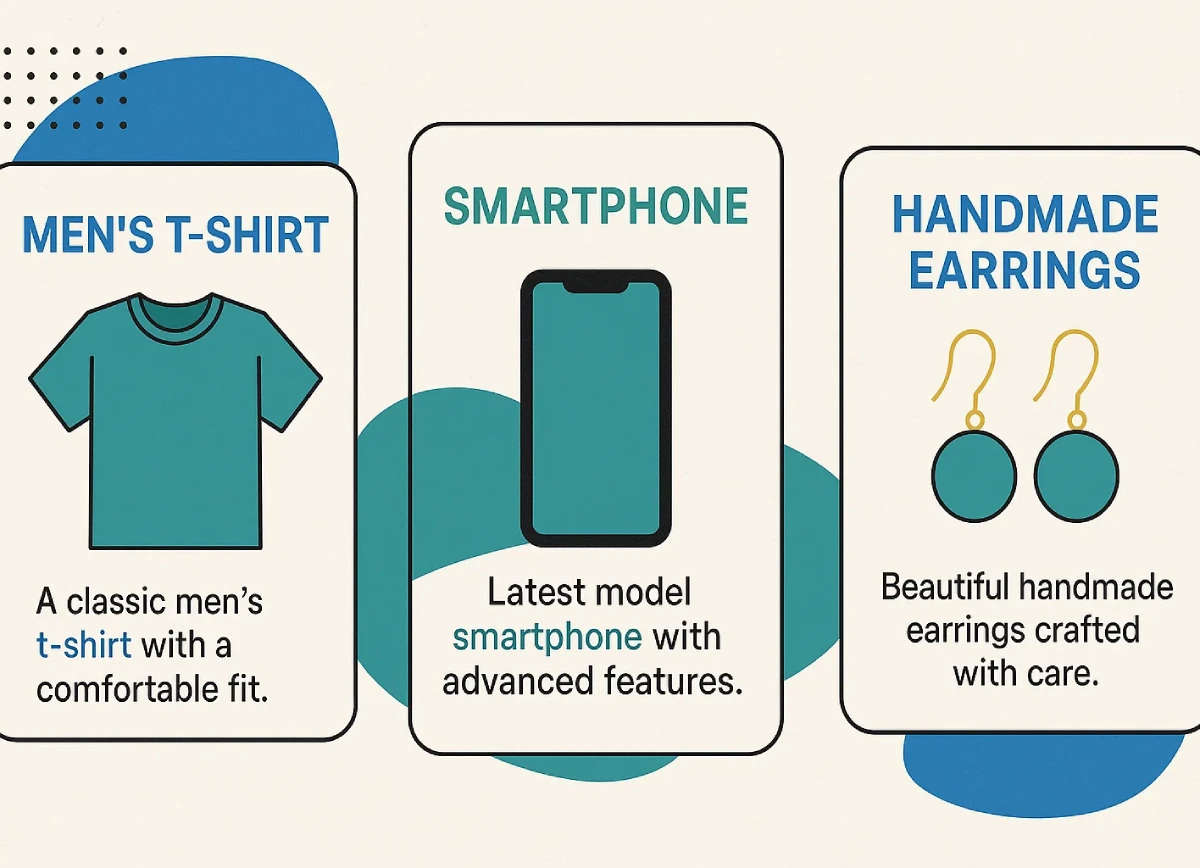Collage of three eCommerce product examples with highlighted SEO keywords for apparel, tech, and jewelry.