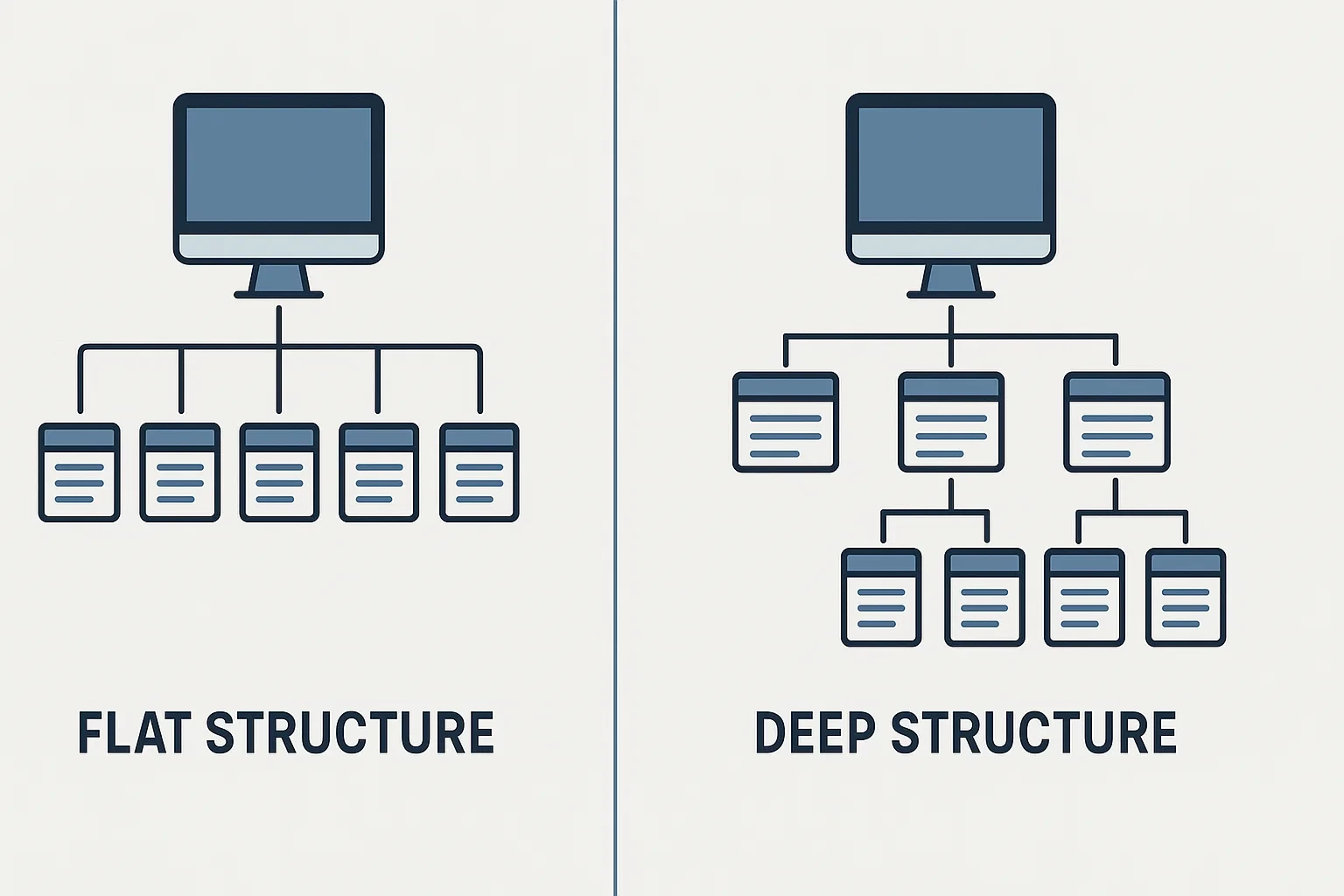 Comparison illustration of flat vs deep website structure, showing homepage with direct links to subpages versus a multi-layer hierarchy.