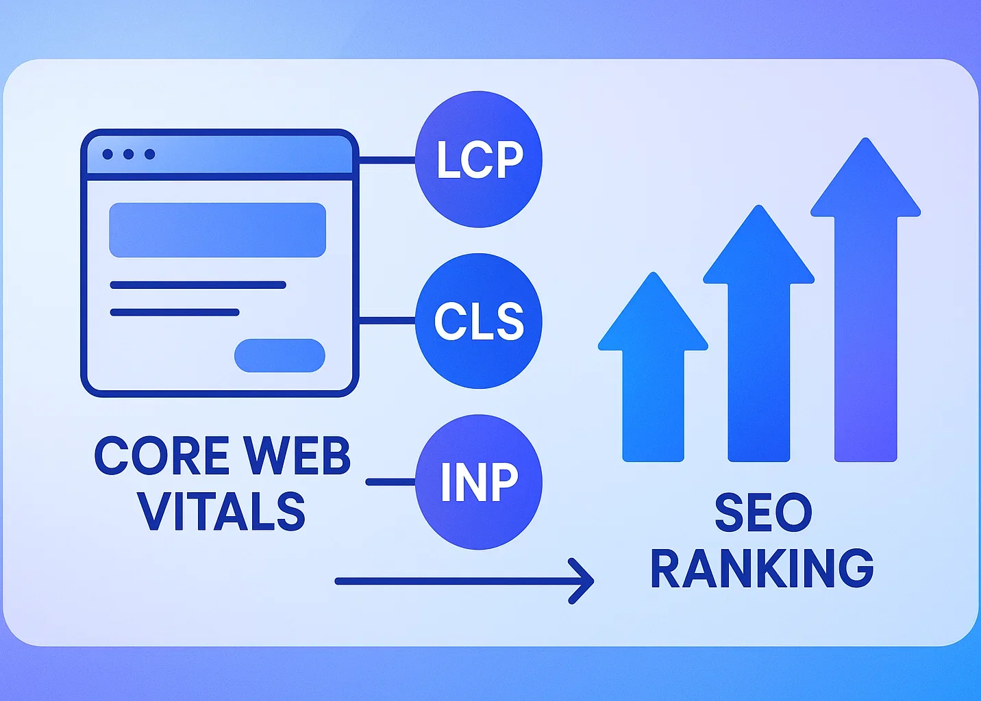 Showing the connection between Core Web Vitals metrics (LCP, CLS, INP) and SEO ranking.