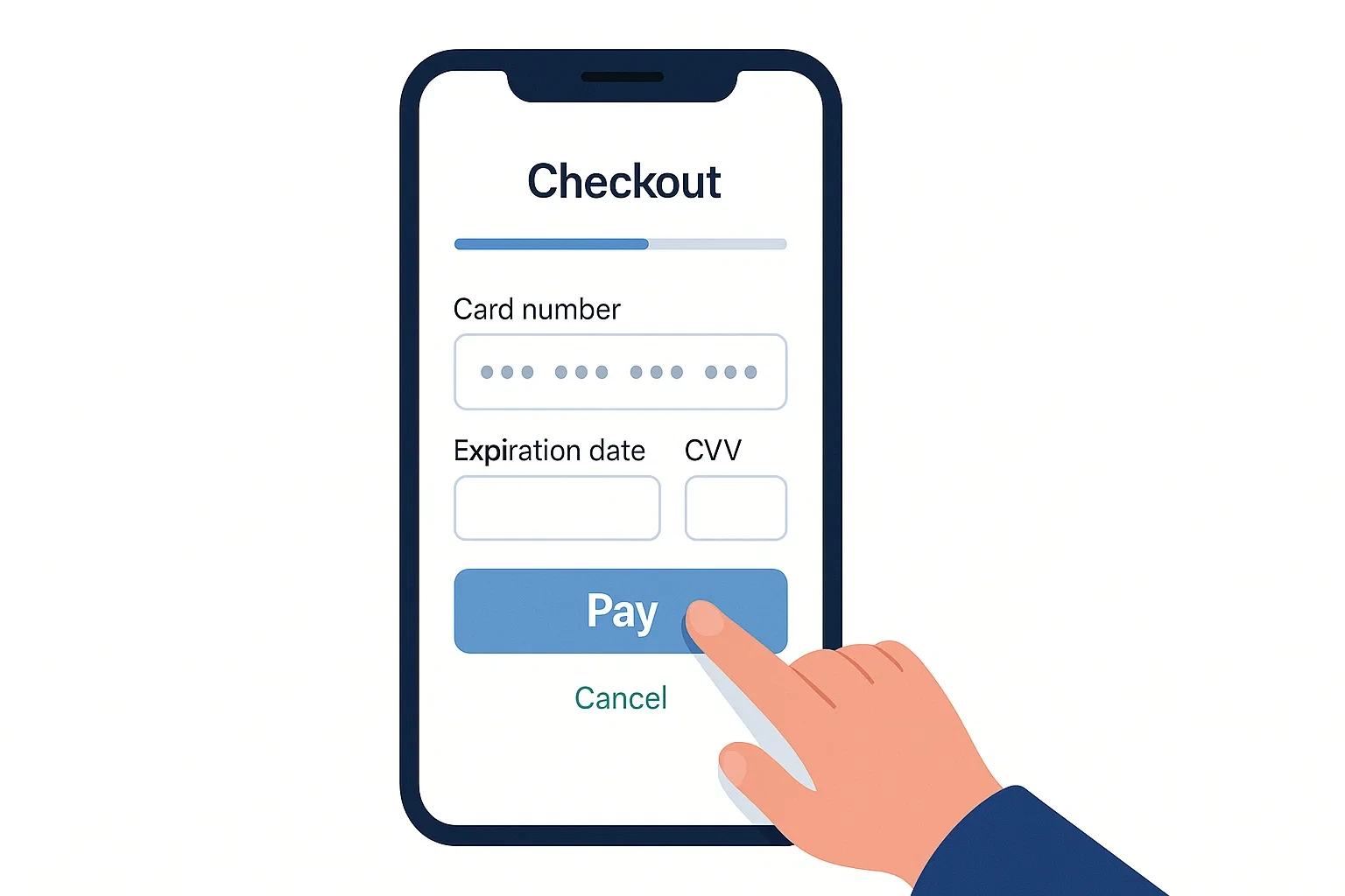 Flat illustration of mobile checkout with large buttons and progress bar to show mobile UX and conversions.