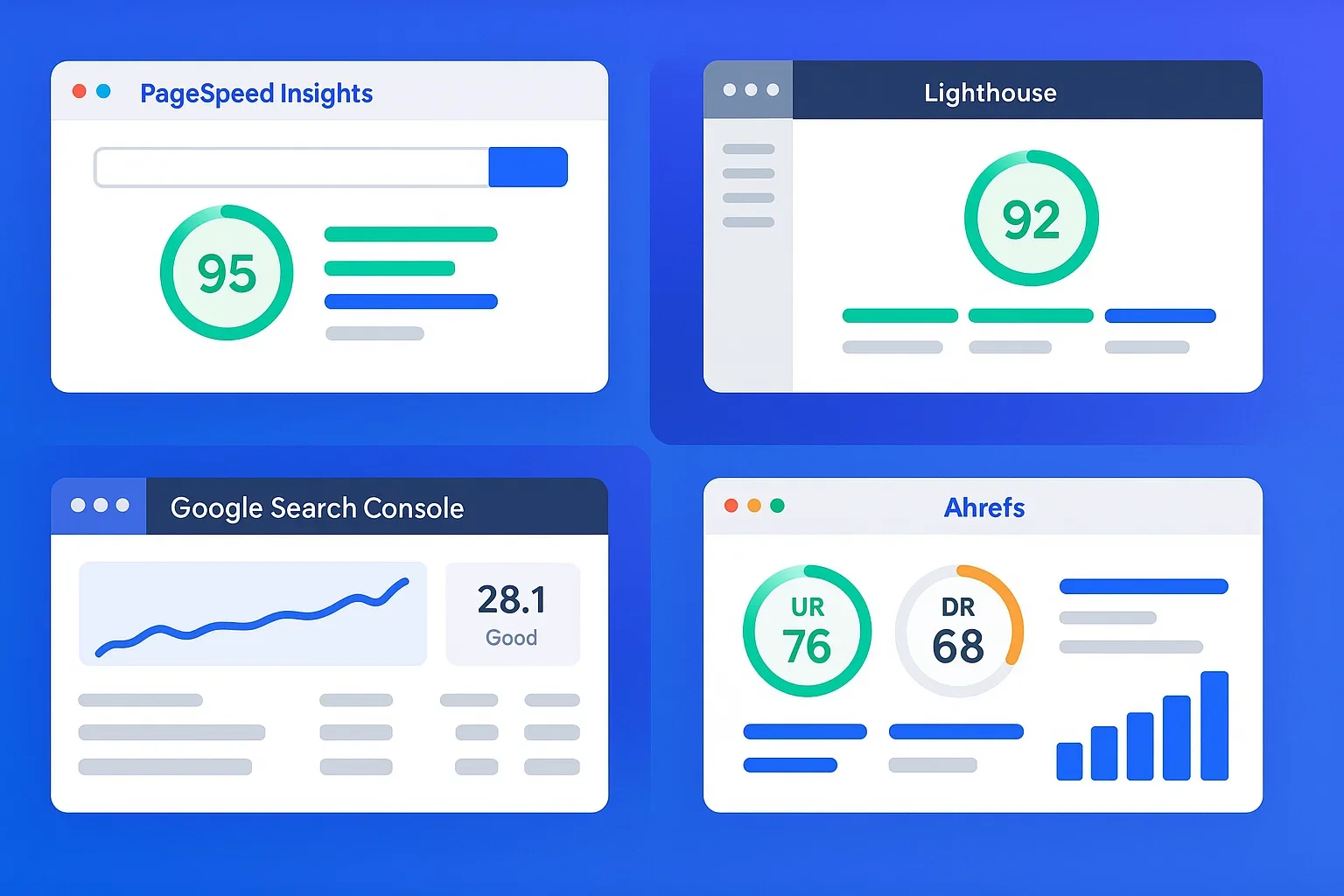 Showing Core Web Vitals testing tools: PageSpeed Insights dashboard, Lighthouse dev panel, Google Search Console report, and third-party SEO tools like Ahrefs.
