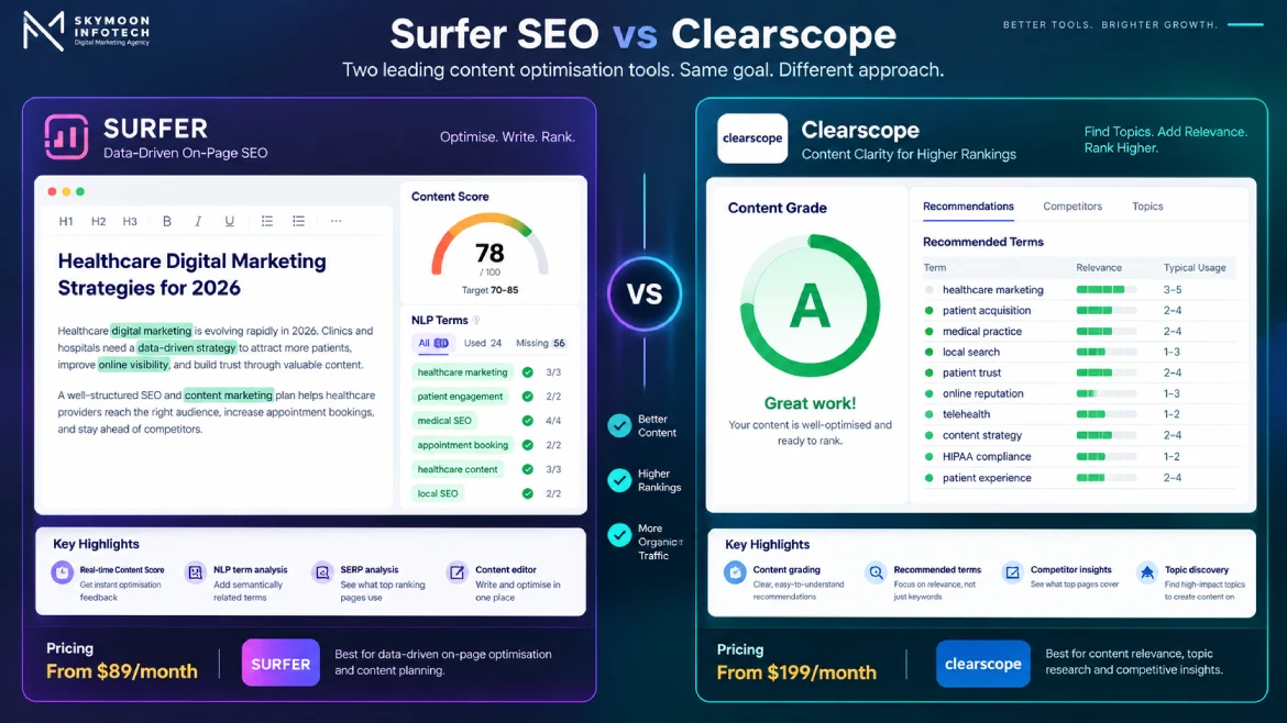 AI SEO tools comparison of Surfer SEO and Clearscope showing content scores, recommended NLP terms, pricing and optimization features