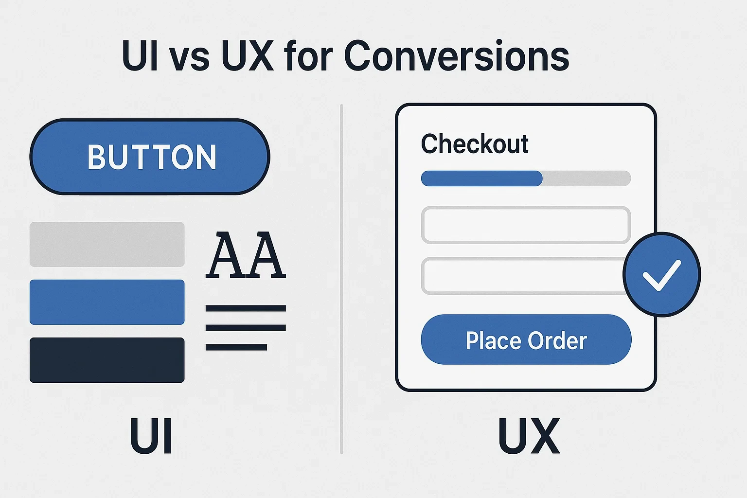Illustration comparing UI elements like button styles vs UX outcome of smooth checkout.