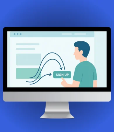 UX for Better Conversions — Minimal vector illustration of a website guiding users toward a clear CTA button, symbolizing UX for better conversions.