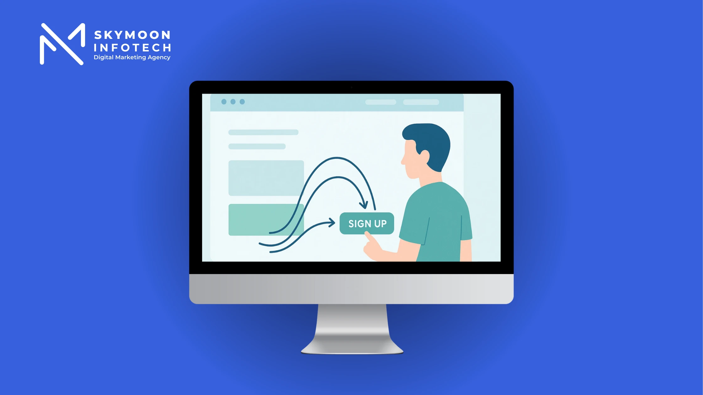 UX for Better Conversions — Minimal vector illustration of a website guiding users toward a clear CTA button, symbolizing UX for better conversions.