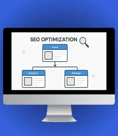 Illustration of a Website Structure for SEO diagram showing homepage, categories, and subpages connected for SEO optimization.