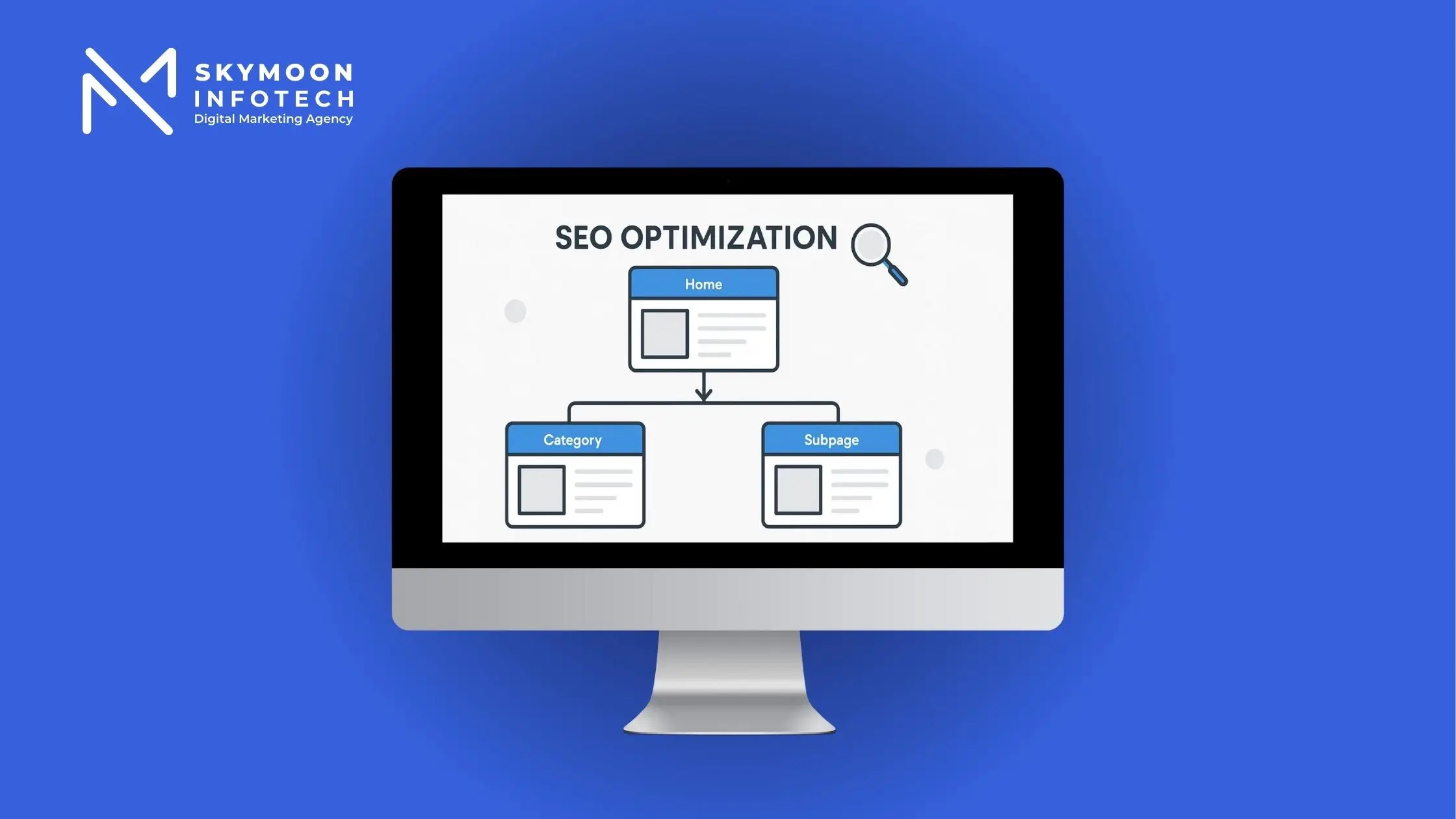 Illustration of a Website Structure for SEO diagram showing homepage, categories, and subpages connected for SEO optimization.