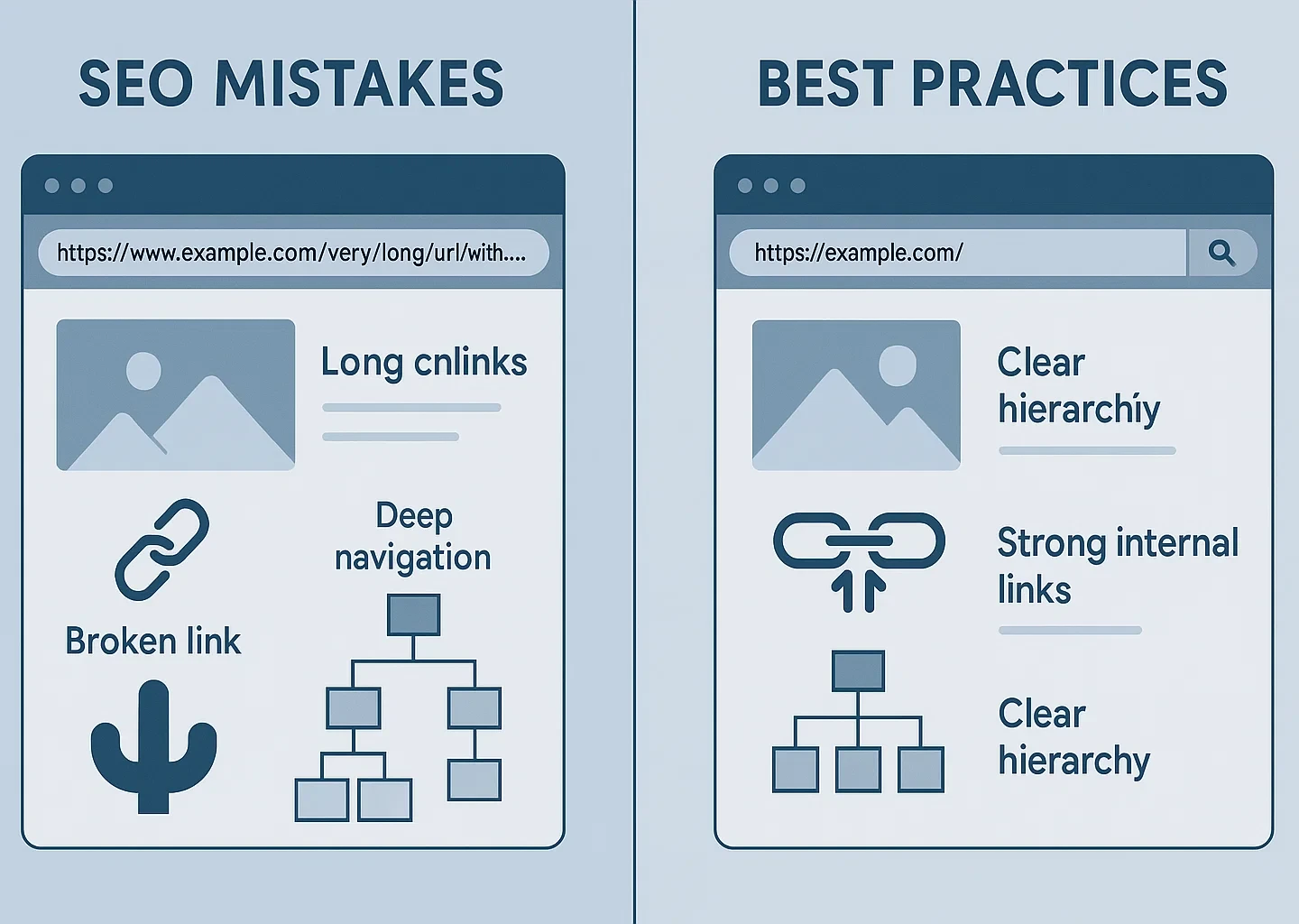 Vector illustration showing a before-and-after website structure case study, comparing a deep messy hierarchy with a clean flat SEO-friendly structure.