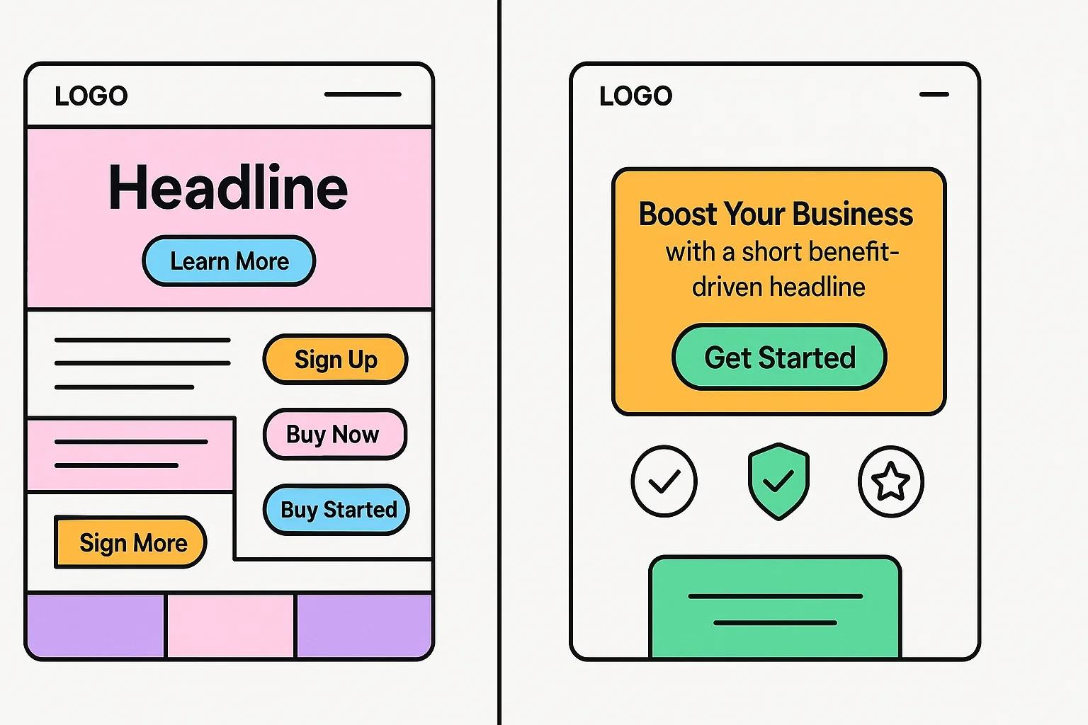 Illustration comparing cluttered landing page vs optimized landing page with a single CTA and trust elements.