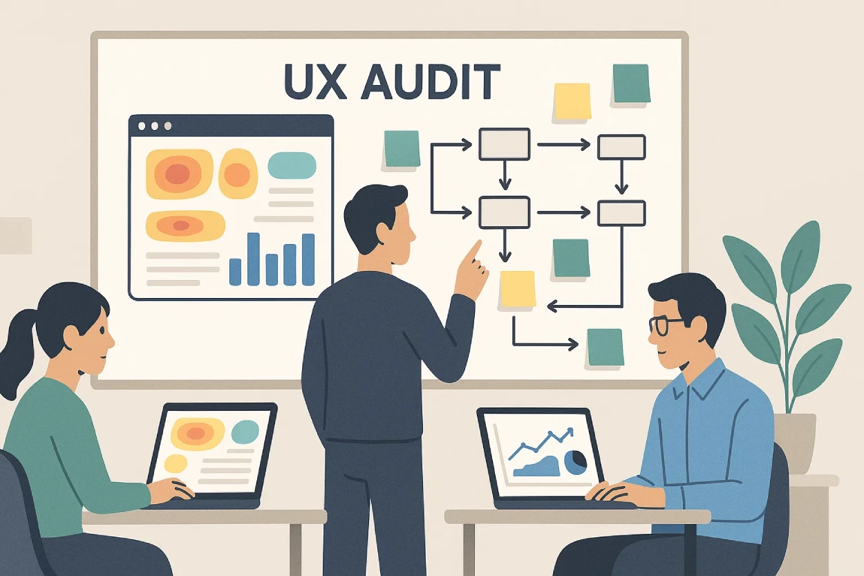 Illustration of a design team reviewing heatmaps and analytics during a UX audit for conversion rate optimization.
