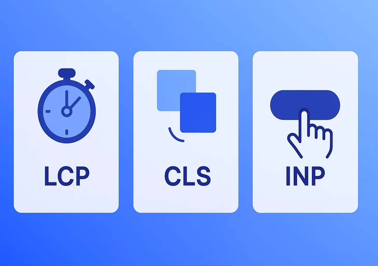 Side-by-side comparison illustration showing Core Web Vitals metrics: LCP stopwatch, CLS shifting blocks, and INP button interaction. 