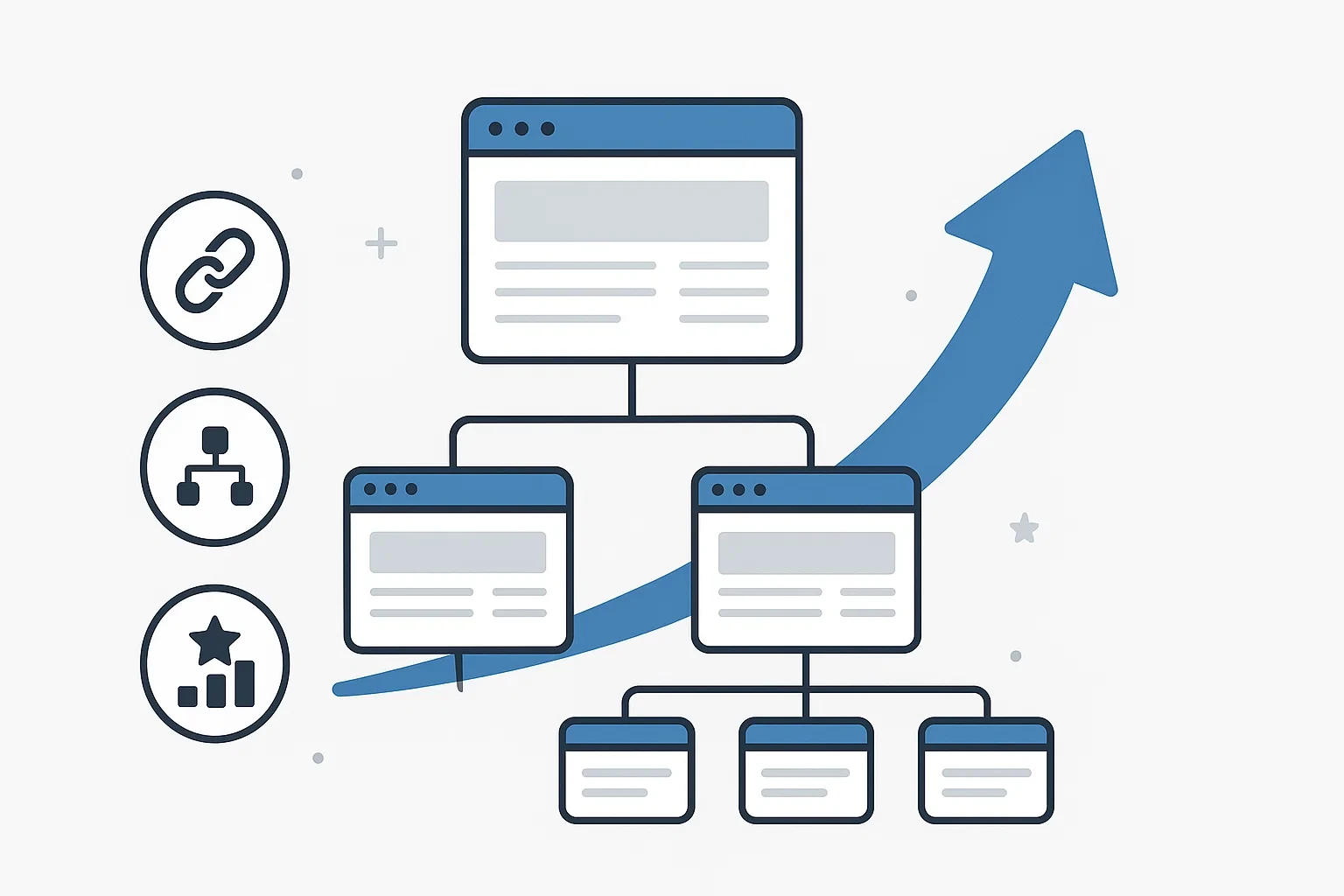 Vector illustration of a website hierarchy with an upward arrow representing SEO success through optimized site structure.